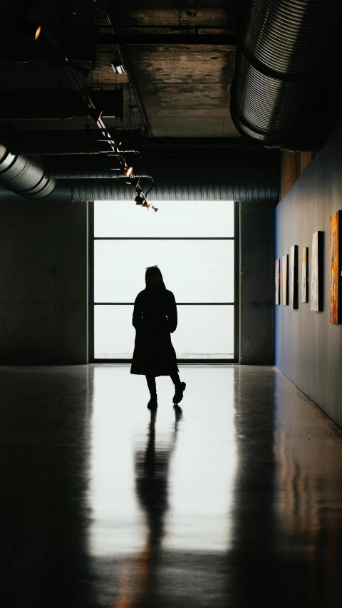 a silhouette of a woman in a dark room, a minimalist painting, by David Donaldson, unsplash contest winner, an empty office hallway, at a museum, 15081959 21121991 01012000 4k, in a row