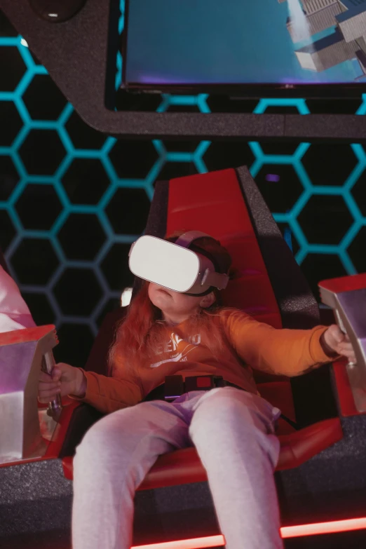 a woman sitting in a chair wearing a virtual reality headset, a hologram, of a family leaving a spaceship, hexagon, taken on a 2000s camera, theme park
