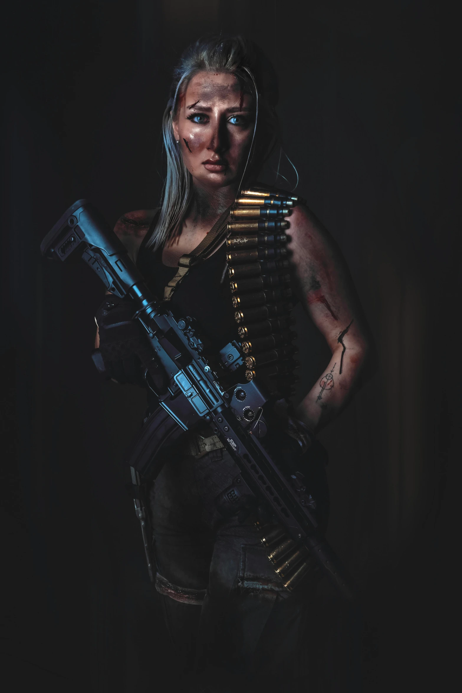 a woman holding a gun in a dark room, a character portrait, inspired by Lisa Nankivil, korg from thor as a soldier, cyberpunk makeup, full body! shot, m4 sopmod ii girls frontline