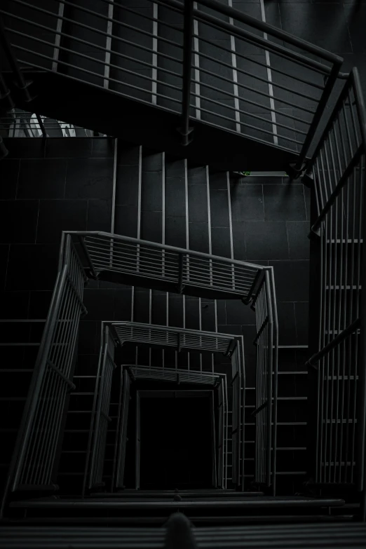 a black and white photo of a staircase, pexels contest winner, modernism, dark and muted colors, square lines, ilustration, dungeon