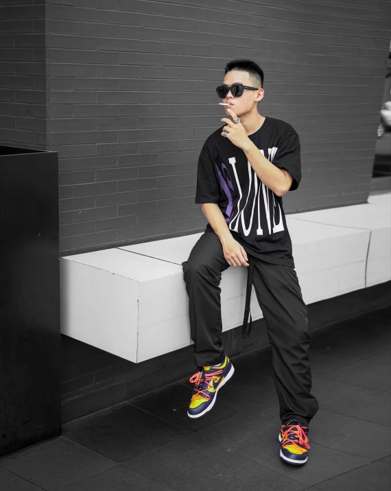 a man sitting on a bench smoking a cigarette, inspired by Gang Hui-an, trending on r/techwearclothing, ((purple)), full body xianxia, sneaker photo