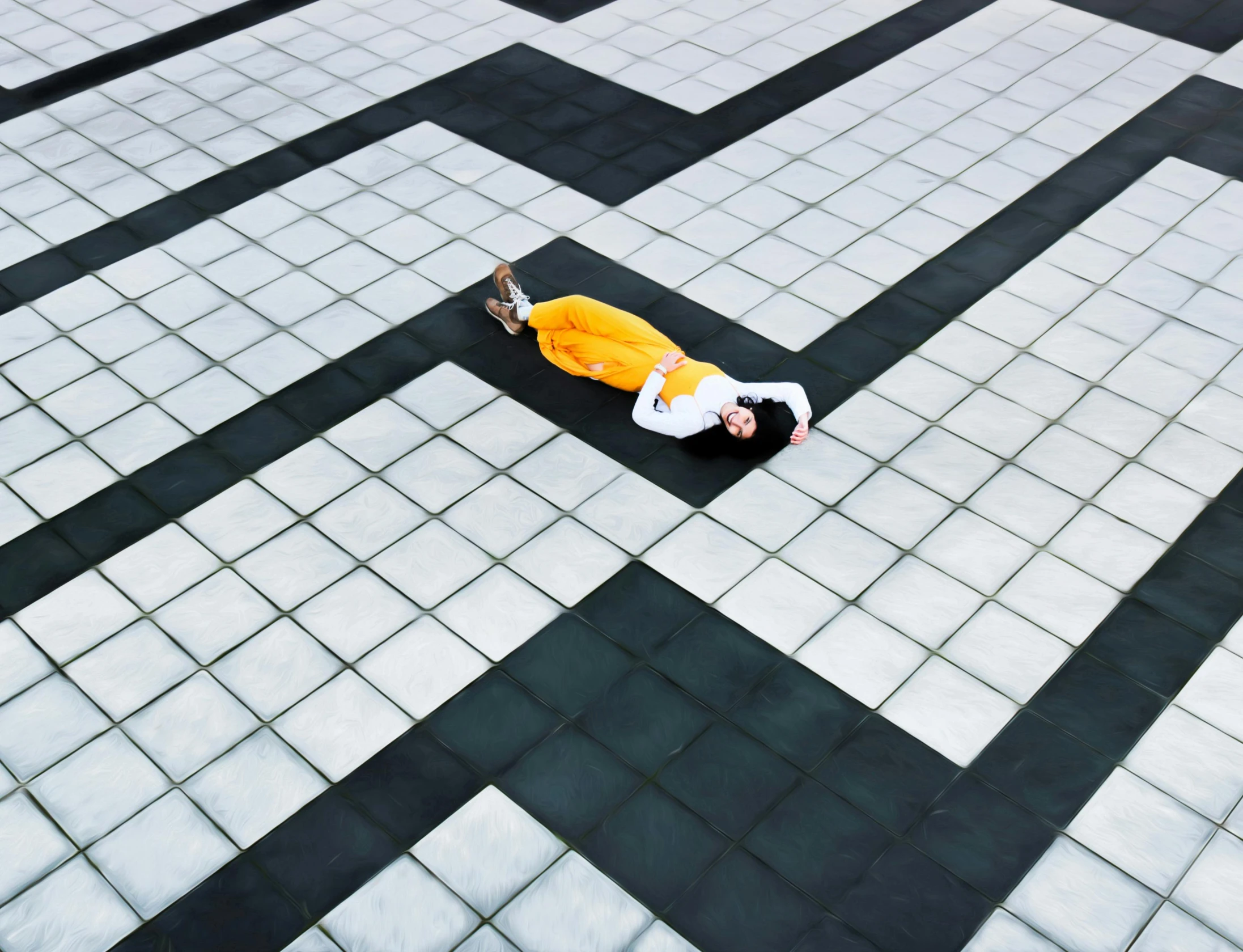 a person laying on the ground in a maze, inspired by Fei Danxu, square shapes, photo for magazine, full - body artwork, mono-yellow