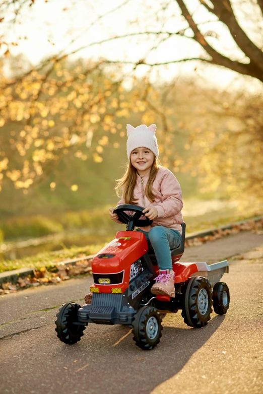 a little girl riding on a toy tractor, by Samuel Scott, shutterstock, beautiful surroundings, square, teenage girl, autum