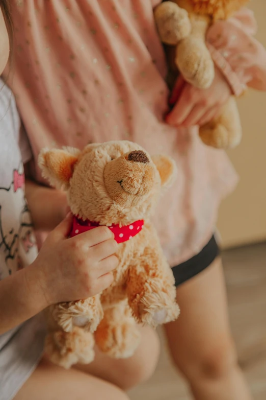 a little girl that is holding a teddy bear, by Julia Pishtar, pexels, blue'snappy gifts'plush doll, cat dog teddy mix, straps, detail shot