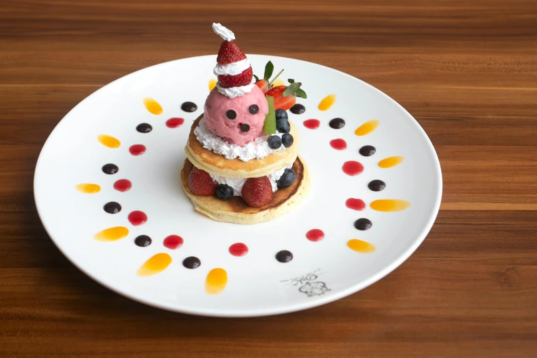 a white plate topped with pancakes covered in fruit, a pastel, inspired by François Bocion, pop art, piglet, chef table, thumbnail, raspberry