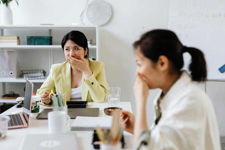 two women sitting at a table talking to each other, a cartoon, pexels contest winner, sitting in office, not japanese, sneering, colour photograph