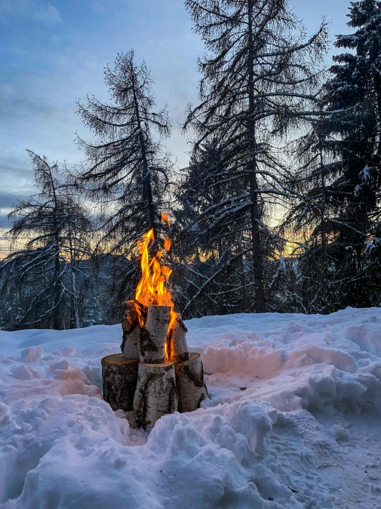 a fire sitting on top of a pile of snow, a photo, pexels contest winner, evening!! in the forest, in the dolomites, flames, profile image