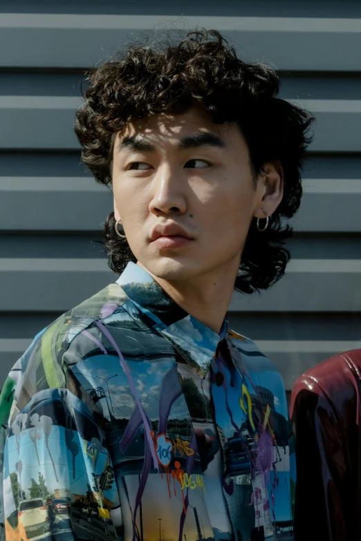 a couple of men standing next to each other, an album cover, inspired by jeonseok lee, trending on pexels, photorealism, curls on top, japanese model, multicoloured, portrait closeup