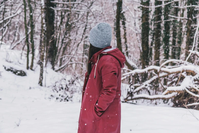 a woman in a red coat standing in the snow, pexels contest winner, maroon and white, facing away, profile pic, trees in the background