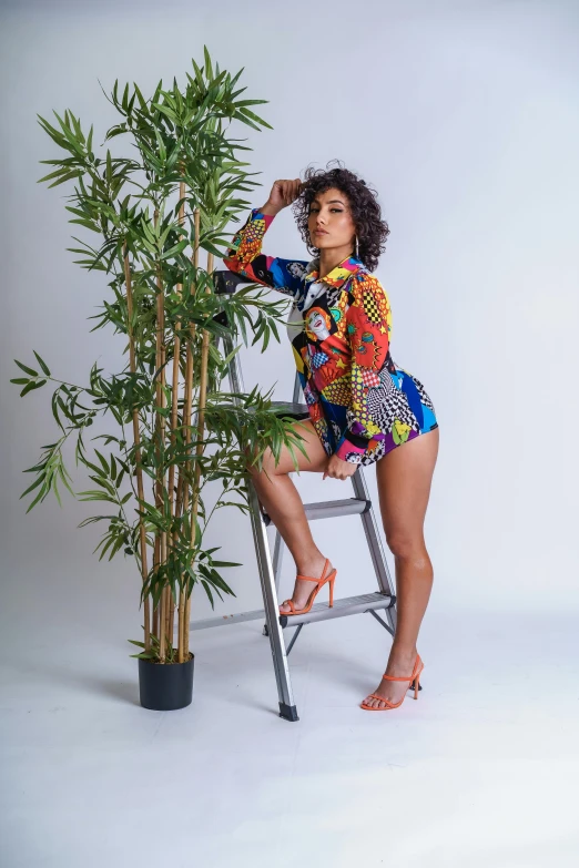 a woman sitting on a ladder next to a potted plant, afrofuturism, skintight rainbow body suit, profile image, cardi b, patterned clothing