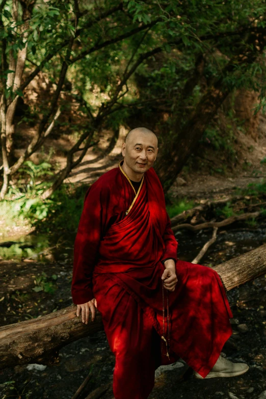 a man in a red robe sitting on a log, a portrait, unsplash, shin hanga, wearing brown robes, with a tree in the background, maggie cheung, ukrainian monk