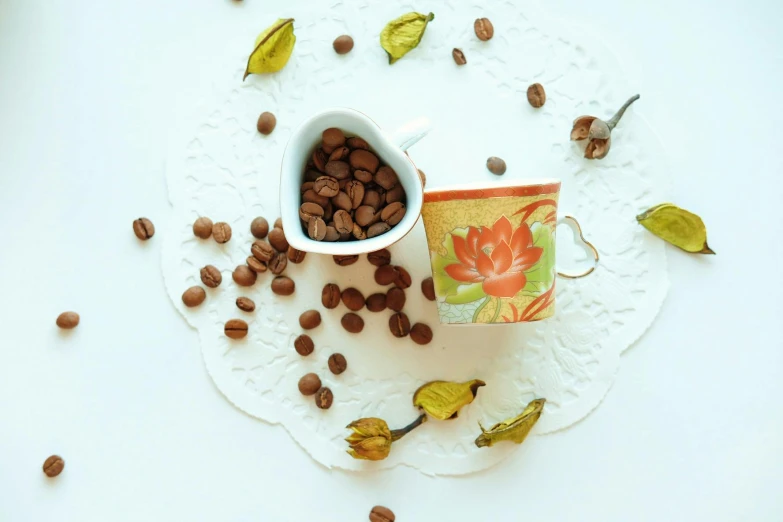 a cup of coffee sitting on top of a doily, seeds, product image, without duplicate image