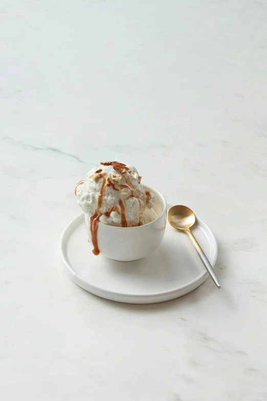 a white plate topped with a cup of ice cream, spoon, on a marble pedestal, caramel. rugged, detailed product image