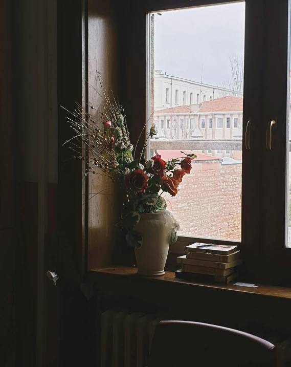 a vase of flowers sitting on a window sill, inspired by Elsa Bleda, unsplash contest winner, venice, dusty library, sitting on a mocha-colored table, hotel room