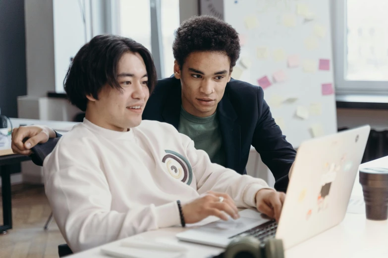 two men sitting in front of a laptop computer, trending on pexels, ethnicity : japanese, avatar image, studious, high quality image