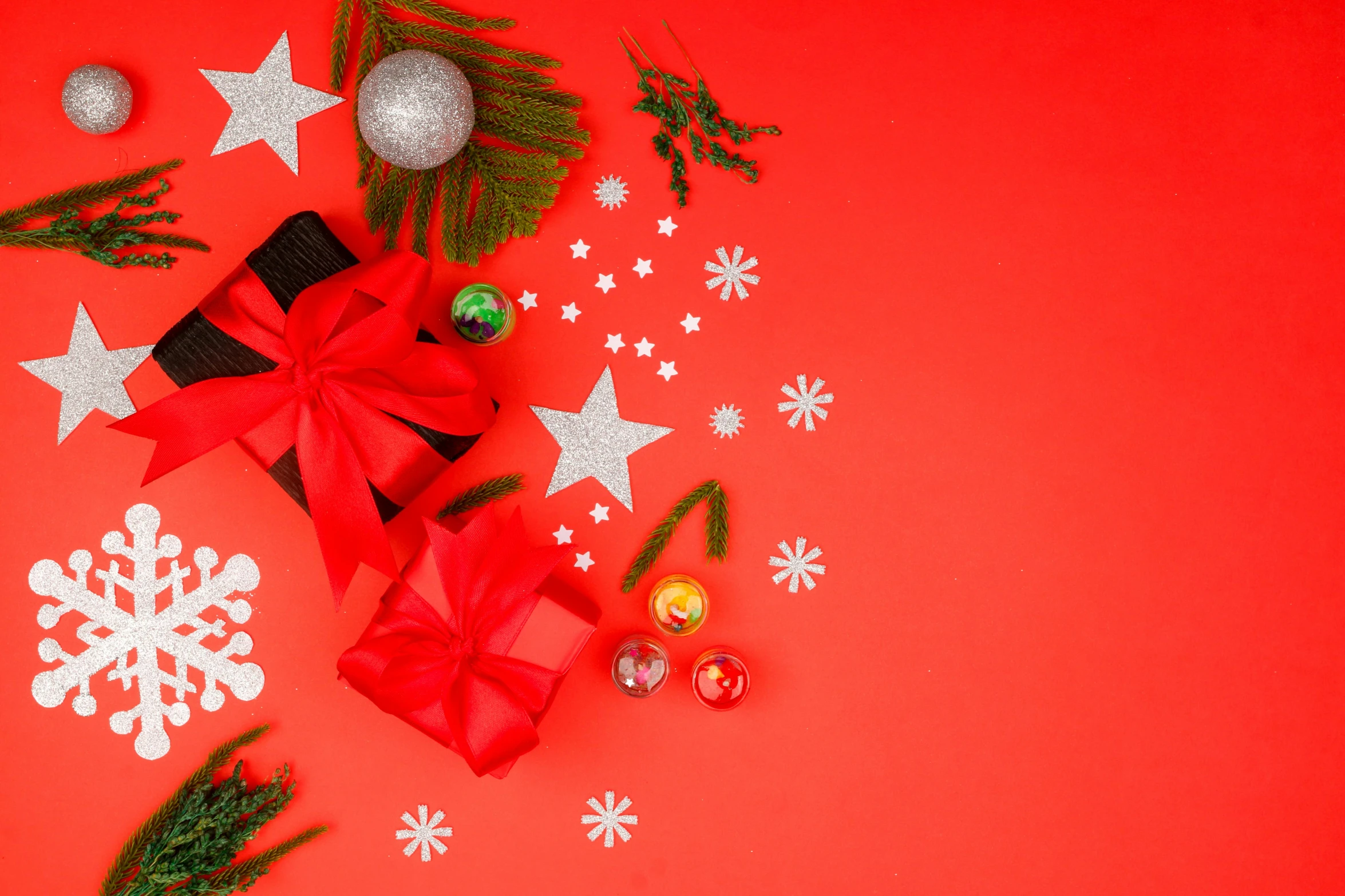 christmas decorations on a red background, pexels contest winner, hurufiyya, background image, flat lay, star born, overview