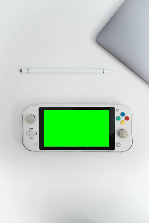 a nintendo wii game console with a green screen, a computer rendering, unsplash, computer art, all white, psp, lumi, flat lay