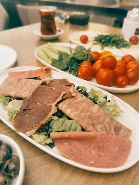 a table topped with plates of food on top of a wooden table, bacon lettuce and tomatos, knyazev konstantin, 🚿🗝📝