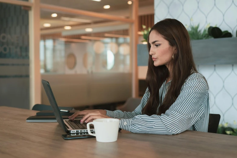 a woman sitting at a table using a laptop, curated collections, te pae, crisp 8 k line work, avatar image