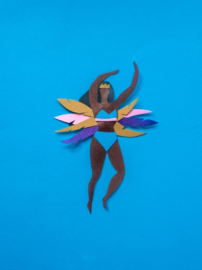 a paper sculpture of a woman holding a surfboard, an album cover, inspired by Ángel Botello, feminist art, posing in leotard and tiara, blue feathers, ( ( dark skin ) ), done in the style of matisse