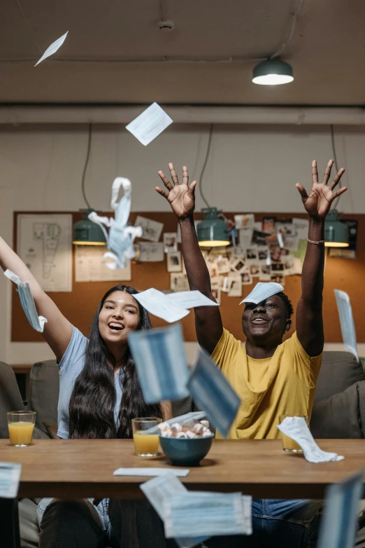a group of people throwing papers in the air, mcdonalds wrapper on table, beautiful aesthetic, supportive, promo image