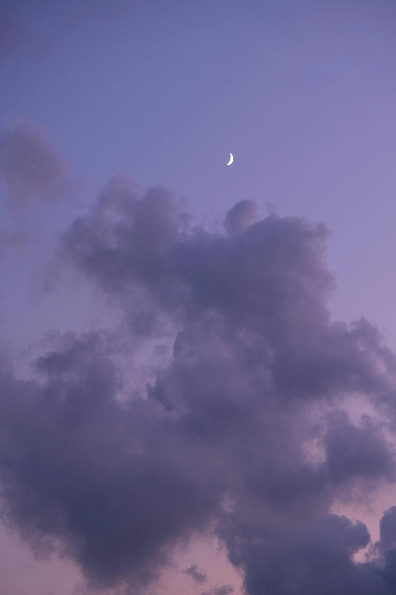 a plane flying in the sky with a moon in the background, unsplash, aestheticism, dark purple clouds, fluffy pastel clouds, crescent moon, 2 0 5 6