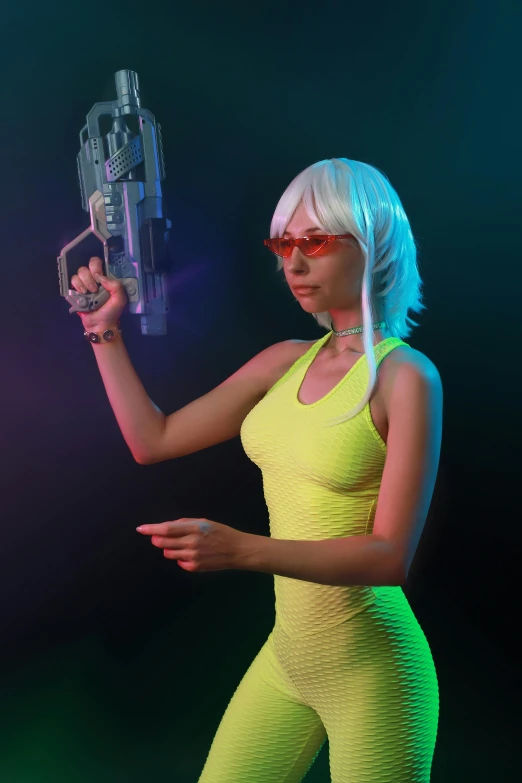 a woman in a neon outfit holding a gun, inspired by Leng Mei, holography, 60's sci-fi pinup, white haired lady, 3d printed, gen z