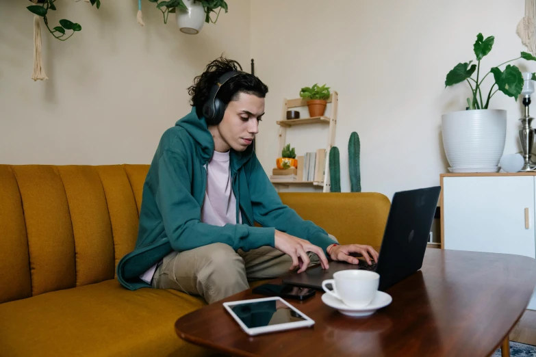 a man sitting on a couch using a laptop, trending on pexels, wearing headset, orelsan, avatar image, performing