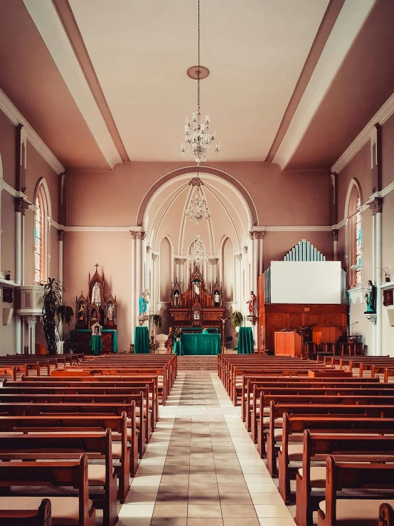 a church filled with lots of wooden pews, a colorized photo, pexels, 2 5 6 x 2 5 6 pixels, classical architecture, stephen shore, nostalgic 8k