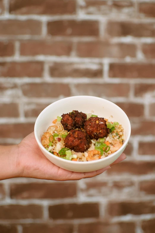 a person holding a bowl of food in front of a brick wall, balls of rice, full product shot, central hub, square