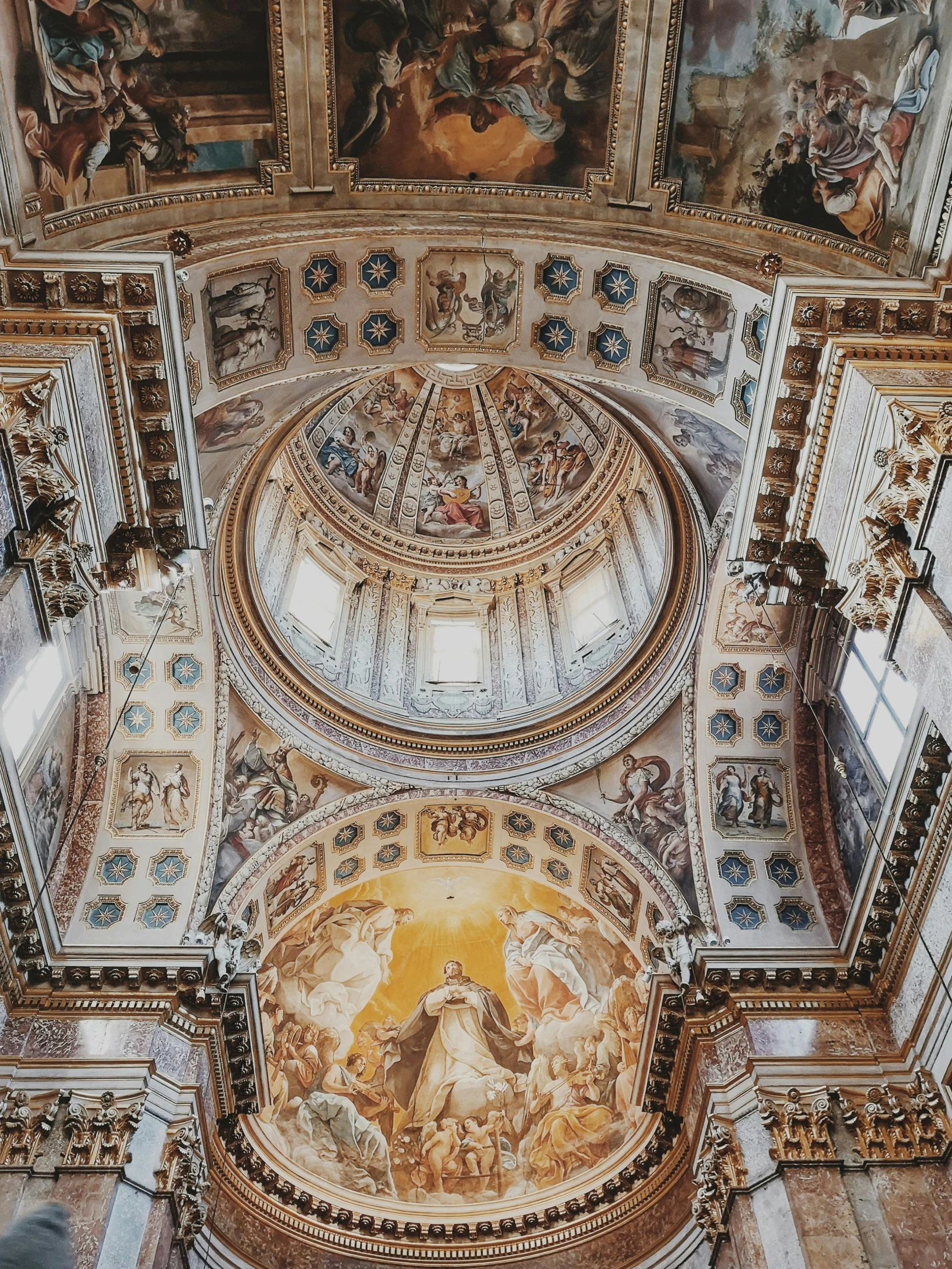 the ceiling of a church with paintings on it, unsplash contest winner, neoclassicism, 2 5 6 x 2 5 6 pixels, with great domes and arches, worship of the pope, high view