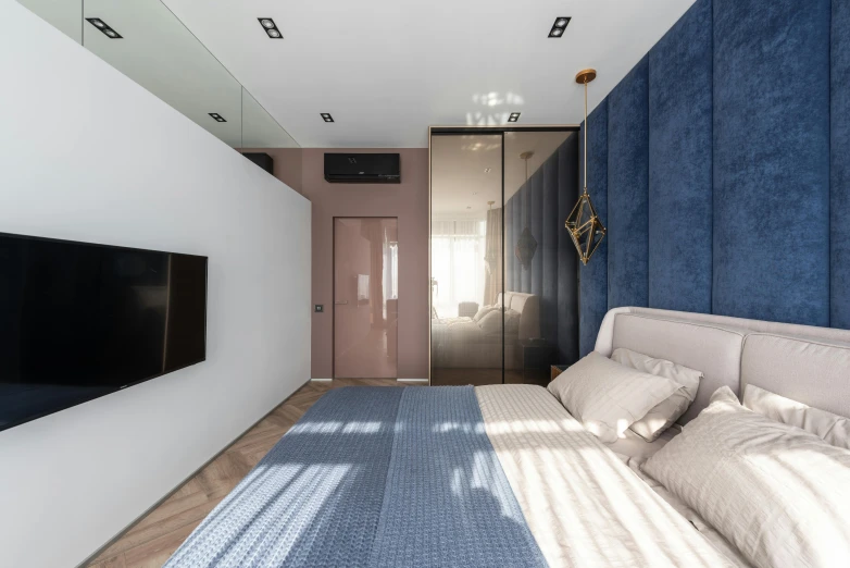 a bed room with a neatly made bed and a flat screen tv, inspired by Richard Wilson, unsplash contest winner, light and space, blue and pink accents, neo kyiv, floor to ceiling window, thumbnail