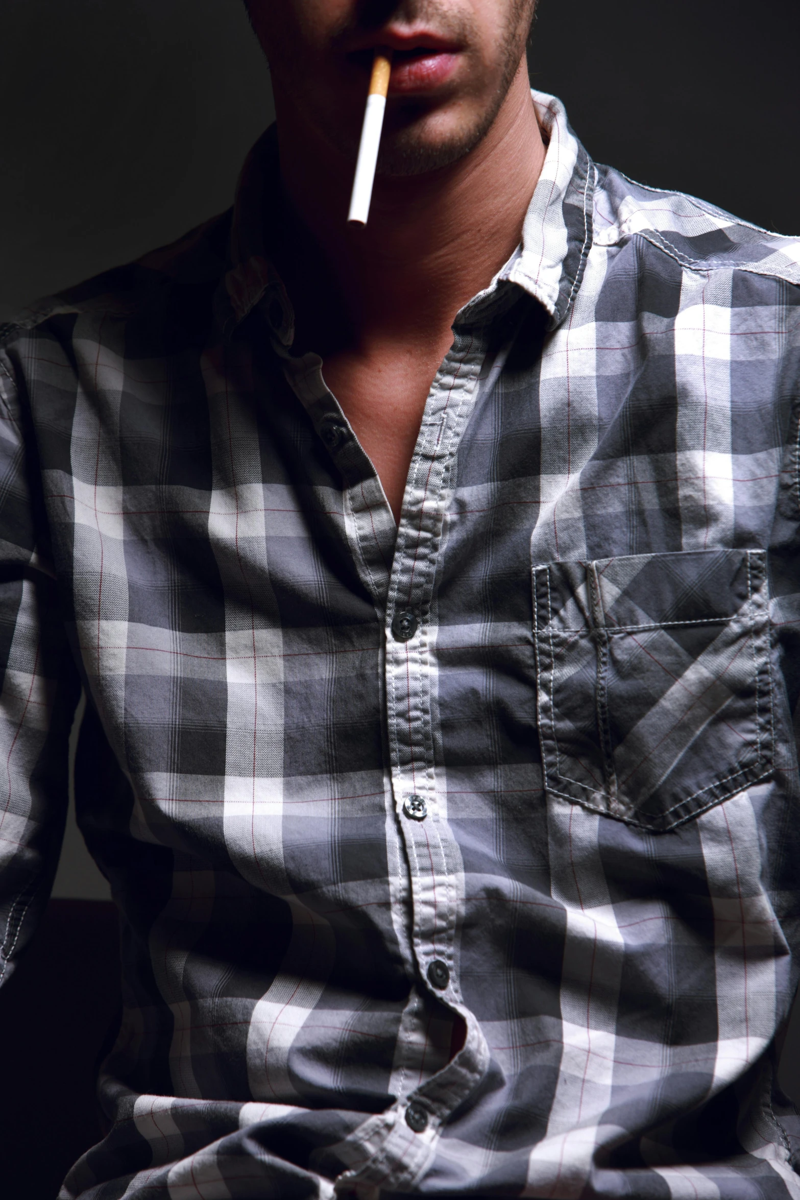 a man with a cigarette in his mouth, an album cover, trending on pexels, plaid shirt, large)}], gray shirt, in 2 0 1 2