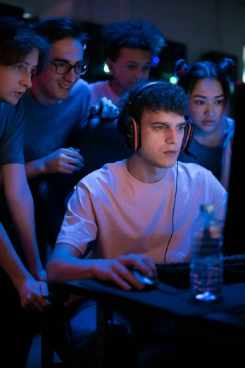 a group of people standing around a computer, gamer themed, focused on neck, julian ope, serious focussed look