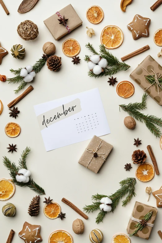 a calendar surrounded by christmas decorations on a table, trending on pexels, behance lemanoosh, thumbnail, botanicals, product introduction photo