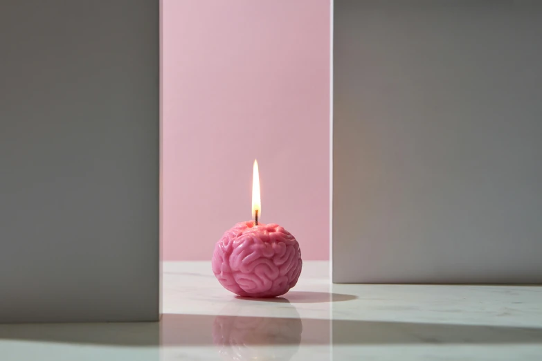 a pink candle sitting on top of a table, inspired by Louise Bourgeois, surrealism, miniature human brain, spherical, hero shot, lit from the side