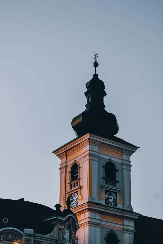 a clock that is on the side of a building, by Matija Jama, trending on unsplash, baroque, lead - covered spire, small town surrounding, in the evening, plain background