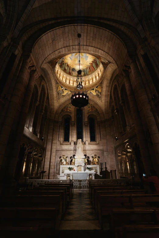 the inside of a church with pews and a chandelier, unsplash contest winner, romanesque, in sao paulo, 2 5 6 x 2 5 6 pixels, dark. no text, interior of a marble dome