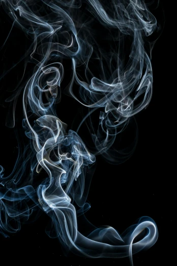 a close up of smoke on a black background, poster art, by Doug Ohlson, pexels, light blues, smoked layered, swirls, praying with tobacco