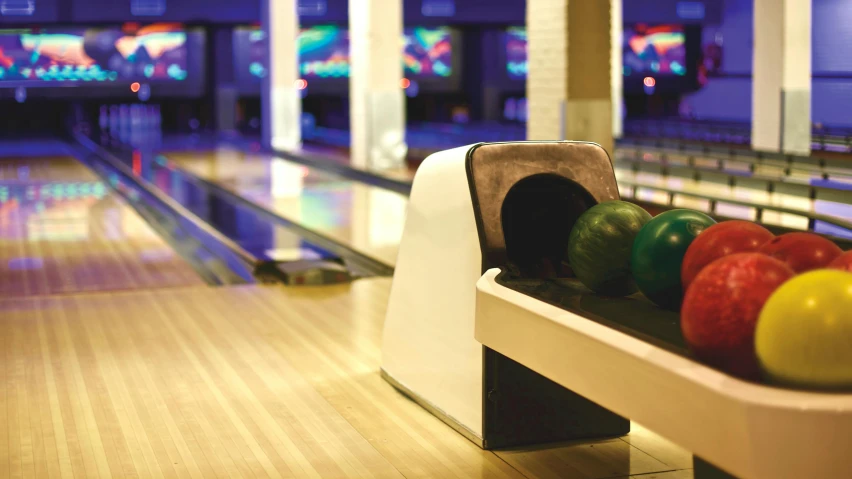 a row of bowling balls in a bowling alley, a still life, unsplash, white marble interior photograph, charli bowater, thumbnail, lit up