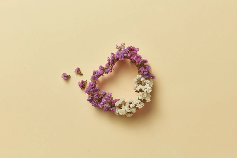 purple and white flowers arranged in the shape of a heart, an album cover, trending on pexels, dried plants, halo halo halo halo 8k, pink and yellow, on simple background