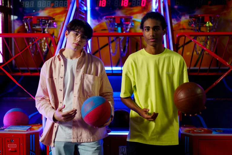 two young men standing next to each other holding basketballs, featured on dribble, bright neon colours, arcade, hot topic, charli bowater and artgeem