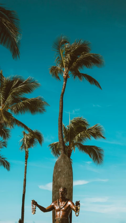 a statue of a man standing next to a palm tree, by Robbie Trevino, pexels contest winner, hurufiyya, sky blue, trees. wide view, thumbnail, hawaii