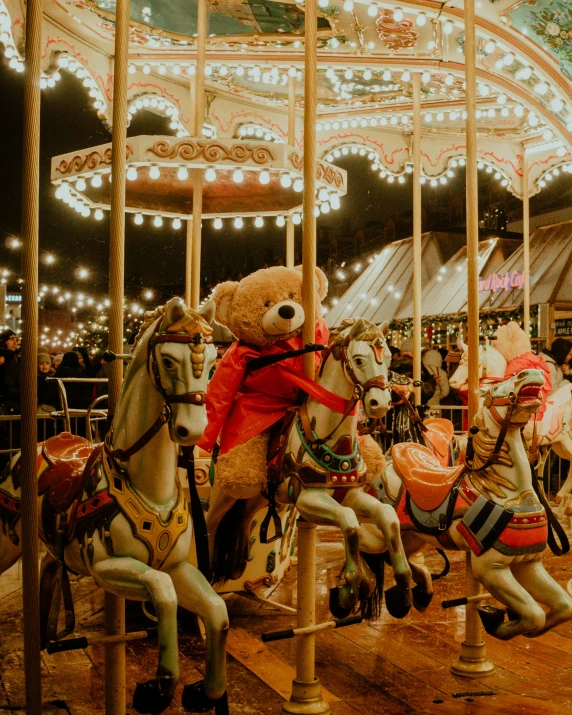 a teddy bear riding a merry merry merry merry merry merry merry merry merry merry merry merry merry, by Adam Marczyński, pexels contest winner, fairground rides, carriages with horses, night outside, 🚿🗝📝