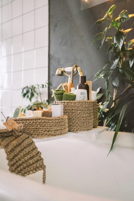 a white bath tub sitting next to a green plant, a picture, lots of jars and boxes of herbs, textured base ; product photos, handcrafted, eeri