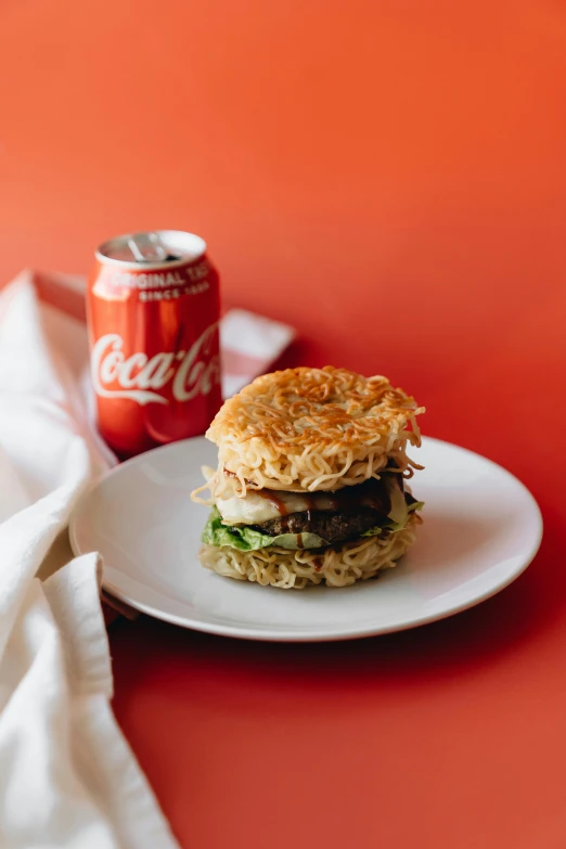 a white plate topped with a sandwich next to a can of coke, unsplash, dada, noodles, multi - layer, cuban setting, on clear background