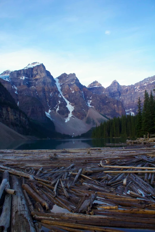 a lake with logs in the foreground and mountains in the background, banff national park, huge chasm, at dusk!, toronto