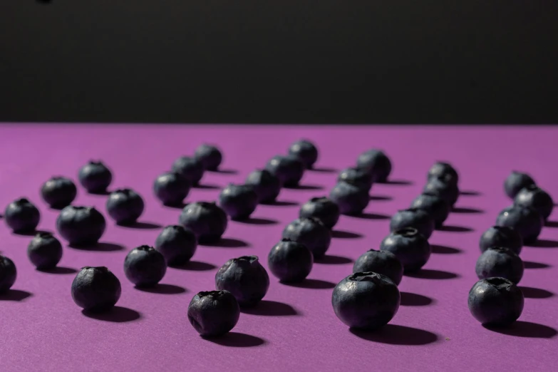 a bunch of blueberries sitting on top of a purple surface, by Elsa Bleda, pexels contest winner, hyperrealism, beautiful equations, in rows, on a table, contracept