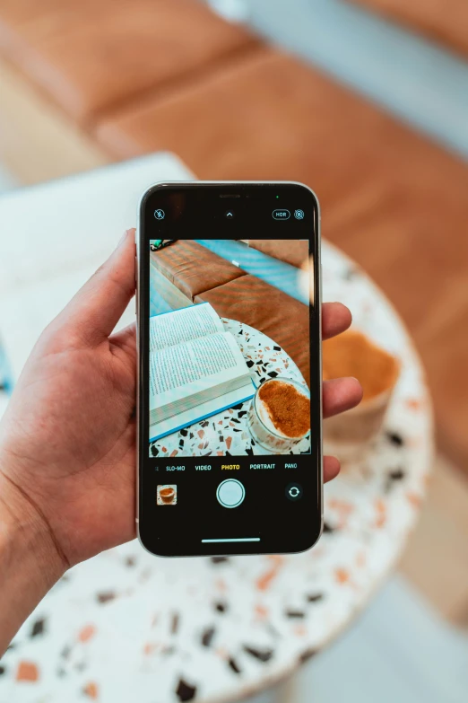 a person taking a picture of food on their phone, trending on pexels, photorealism, sitting on a mocha-colored table, home album pocket camera photo, spying discretly, drone photograph