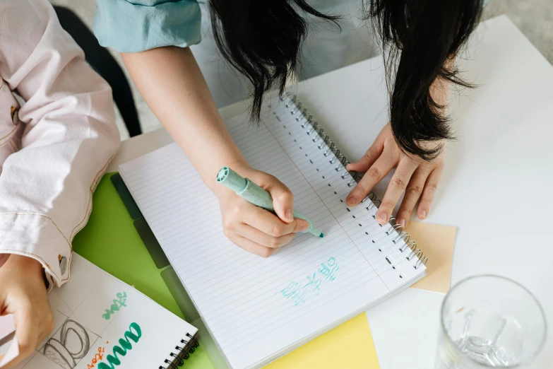 two people sitting at a table with notebooks and pens, a drawing, trending on pexels, white shirt and green skirt, coloured marker, cindy avelino, educational supplies